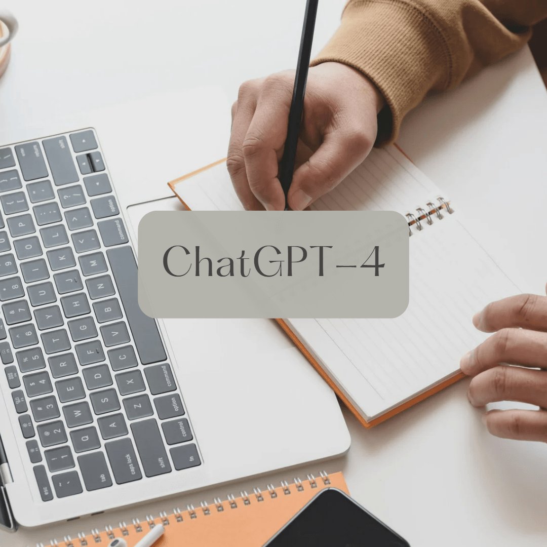closeup of laptop and a person wiring on a pad with text ChatGPT-4