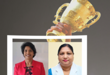Indian Nurses Jincy Jerry and Shanti Teresa Lakra Make Final List for Aster Guardians Global Nursing Award 2023, Honoring Innovation and Dedication in Healthcare Photo of Jerry and Shanti with image of award cup