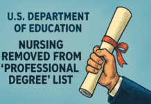 U.S. Removes Nursing From “Professional Degree” List Under New Federal Rules Illustration of a hand holding a graduation diploma, representing the U.S. decision to remove nursing from the professional degree list.