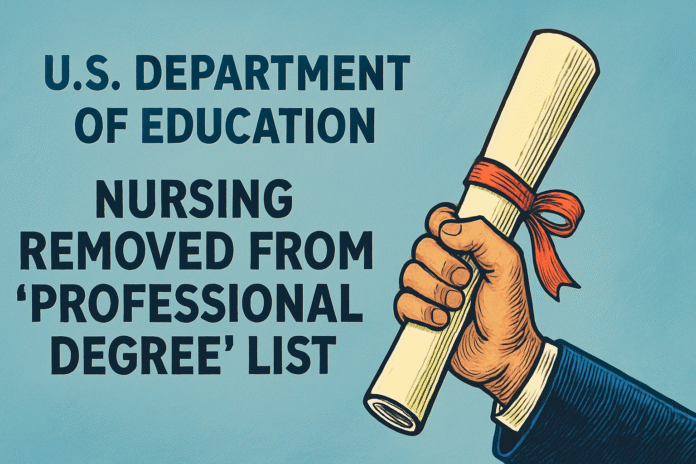Illustration of a hand holding a graduation diploma, representing the U.S. decision to remove nursing from the professional degree list.
